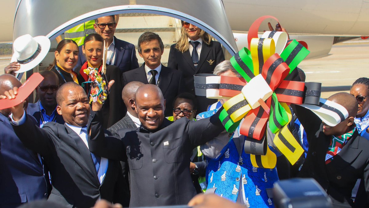 FlyAirZimbabwe's tweet photo. It is finally here🇿🇼🇬🇧..

Water cannon salute as Air Zimbabwe received its A330-300 aircraft. 

Harare-London Gatwick direct from July 22 2026 -3 times weekly, 10hrs nonstop.Dinner in London, Breakfast in Harare.

Thank you to every partner &amp; stakeholders supporting our wings. https://t.co/QNEPASLNzY