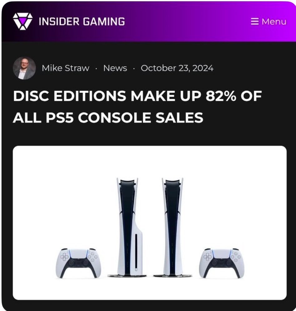 insan3_A's tweet photo. @charlieINTEL Also from Circana—82% of all console sales have disc drives. Which means people pay an extra $100 for the option to play real games they own. https://t.co/qDBxkkq3nt