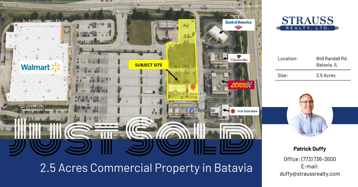 StraussChicago's tweet photo. Duffy Does it Again! 2.5 Acres Commercial Property SOLD in Batavia. Two existing buildings on landsite with room for further development.  Broker Patrick Duffy facilitated the sale. Contact: duffy@straussrealty.com #batavia #chicagocre #CommercialProperty https://t.co/CwiZtBceHu