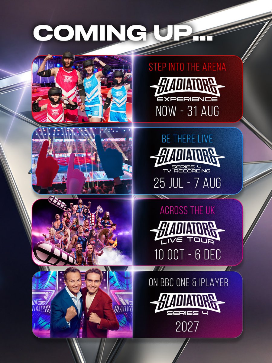GladiatorsTV's tweet photo. If you want tickets to any of these Gladiators events, head over to https://t.co/alJXyqBuxs https://t.co/tDhwpuzJfo