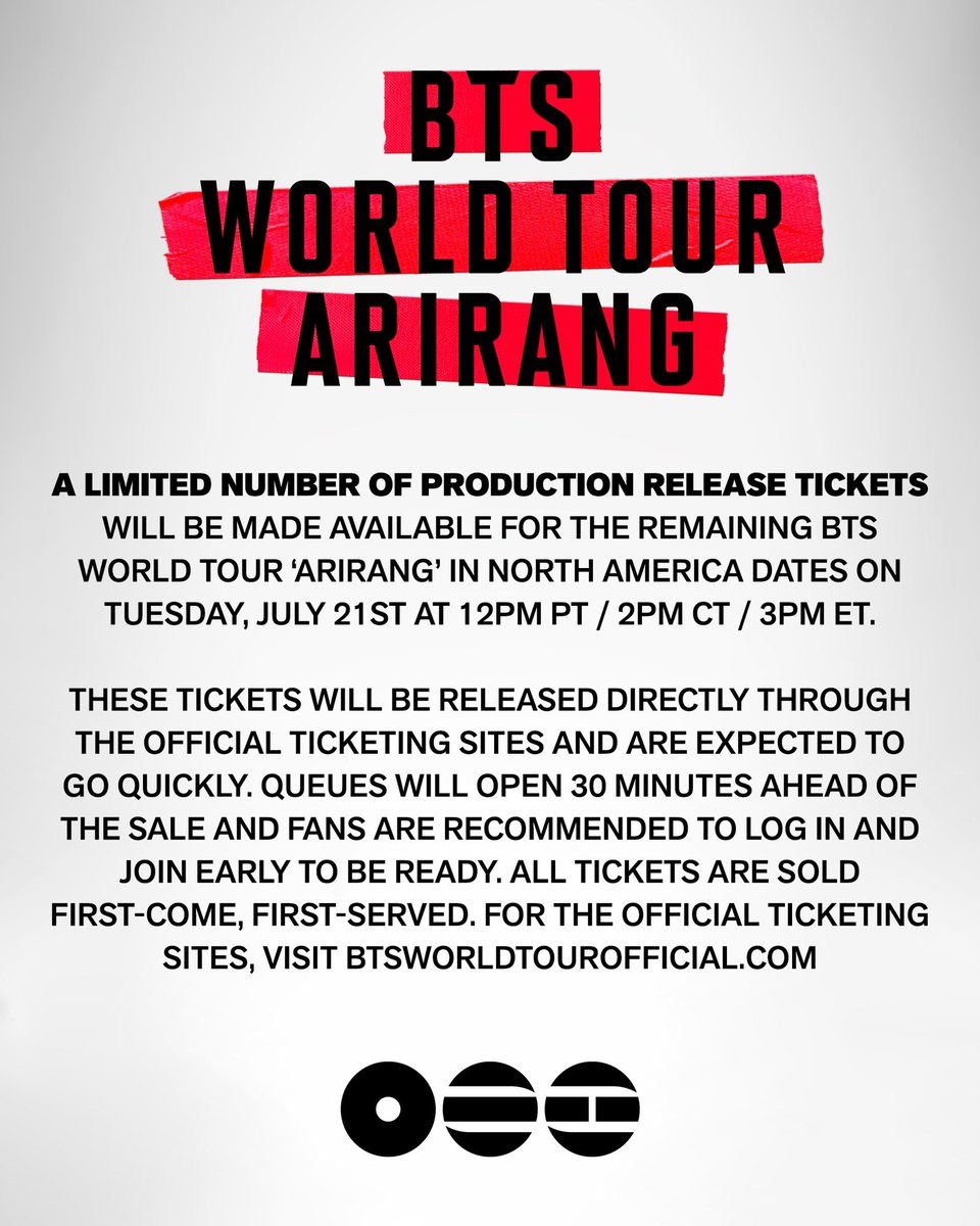 LiveNationKpop's tweet photo. A limited number of production release tickets will be made available for the remaining BTS WORLD TOUR ‘ARIRANG’ IN NORTH AMERICA dates on Tuesday, July 21st.

@bts_bighit https://t.co/NVkm73mTOj