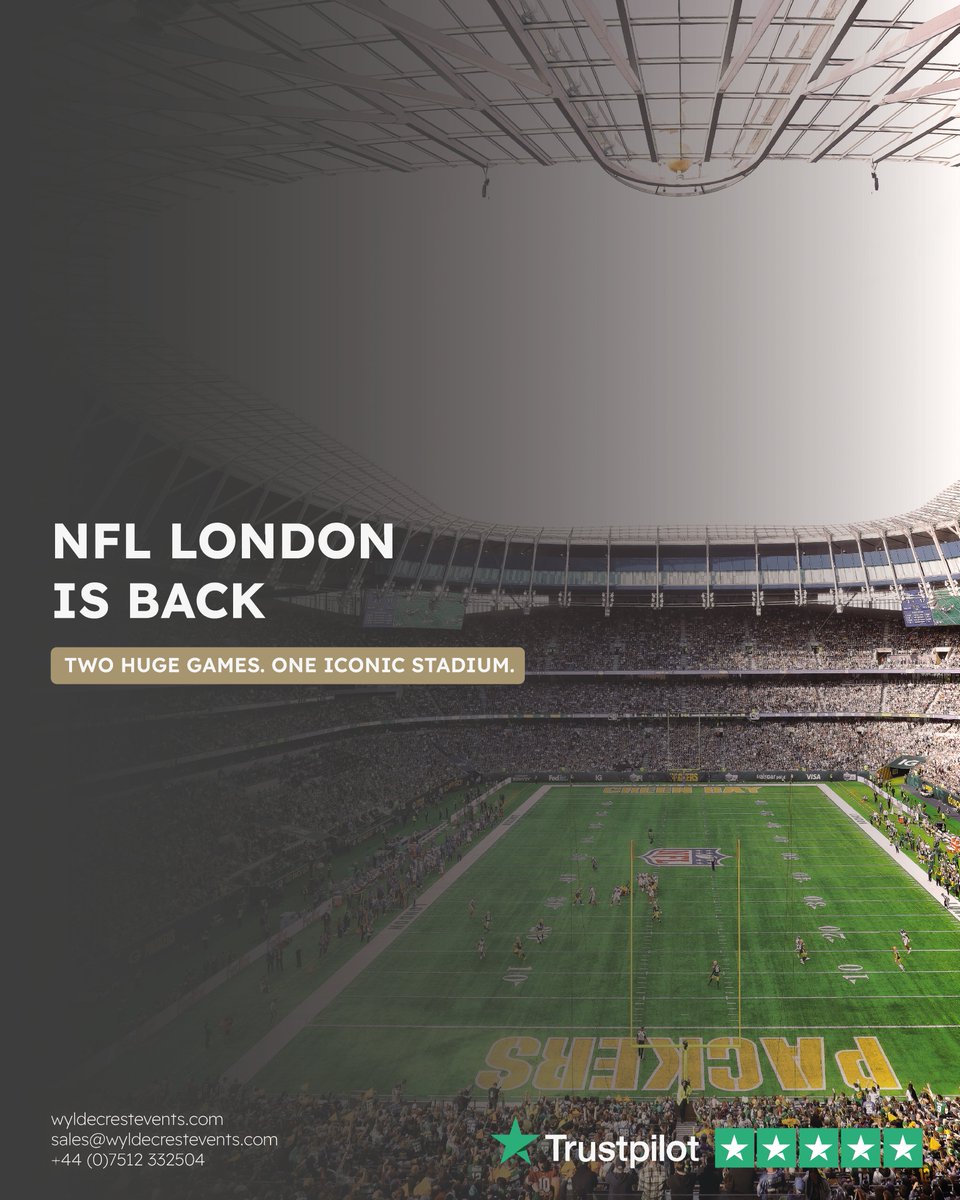 WyldecrestEvent's tweet photo. 🏈 The NFL returns to Tottenham Hotspur Stadium!

🔥 Colts vs Commanders
📅 4 October 2026

🔥 Eagles vs Jaguars
📅 11 October 2026

Experience the action live in London.

📞 +44 (0)20 3848 2340
📧 sales@wyldecrestevents.com https://t.co/79YCCl0hlm