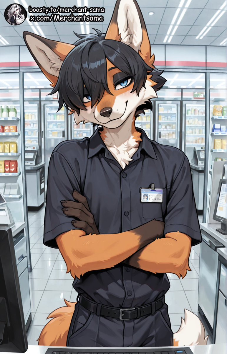 Merchantsama's tweet photo. New AI character on https://t.co/S3oMgYDspy! 🦊

Meet Ash - an #anthro male fox and former NEET who's now stuck working the register at a 24/7 convenience store.
https://t.co/KRM0wEDxit

#Antro #Furry #AIart #AICharacter https://t.co/KxpBmEazJN