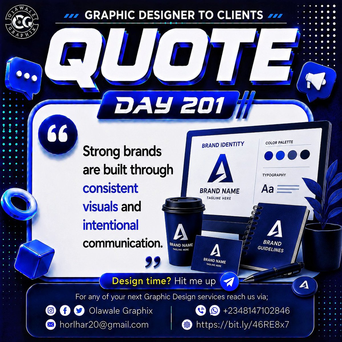 Olawalegraphix's tweet photo. DAY 201/365 โ
๐จ๐ฅ
Day 201 and the journey continues! Strong brands are built through consistent visuals and intentional communication that leave lasting impressions.
Design. Learn. Improve. Repeat. ๐กโจ๐
#Day201 #365DayDesignChallenge #GraphicDesignJourney #CreativeGrowth https://t.co/FFgRLS8bFw