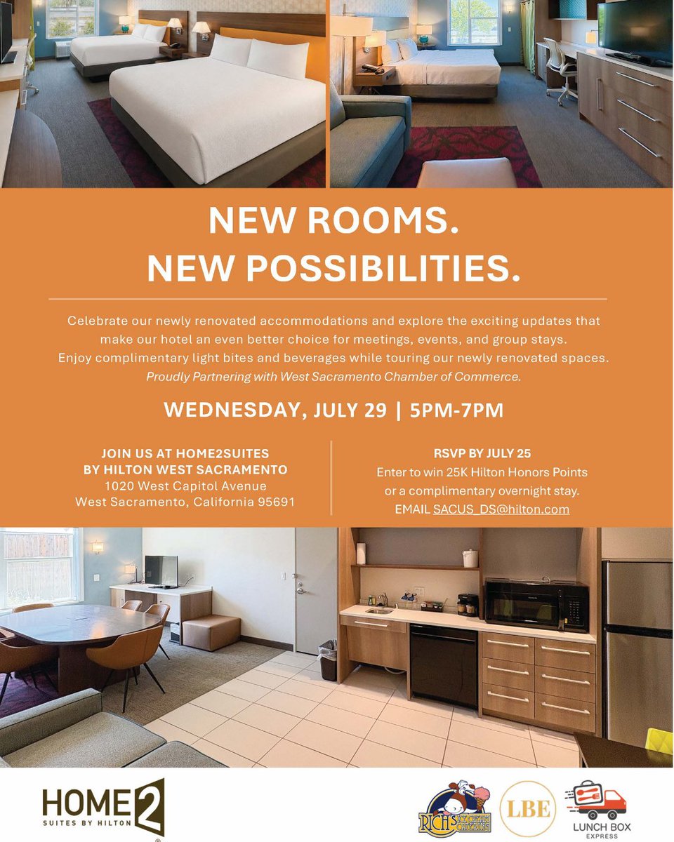 WestSacChamber's tweet photo. Join Home2 Suites on July 29 | 5–7 PM to celebrate the newly renovated accommodations. Tour the refreshed spaces, complimentary bites &amp; beverages, and discover what's new! 

RSVP by July 25: SACUS_DS@hilton.com https://t.co/R56fAwuFMk