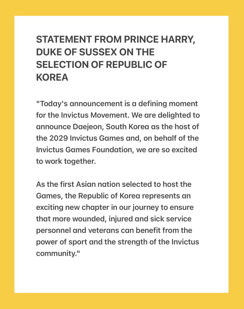 ChrisBaronSmit1's tweet photo. 🆕 “Delighted” Prince Harry says the selection of Republic of Korea as the 2029 #InvictusGames host is a “defining moment for the Invictus Movement.”

“As the first Asian nation selected to host the Games, the Republic of Korea represents an exciting new chapter in our journey” https://t.co/MylEsRCcVl