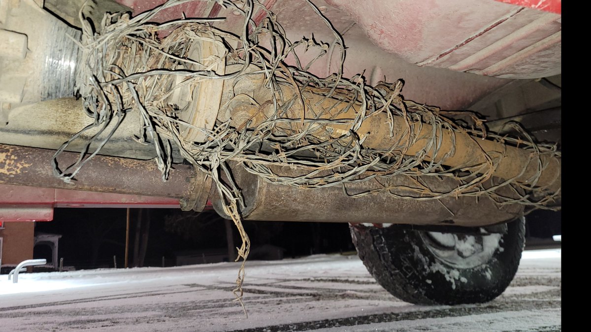 fact0rydump's tweet photo. I did this once in the snow and found 50 feet of barbwire that got caught in my propeller shaft. I spent all night in a parking lot with bolt cutters cutting barbwire out. When I was done I went home for about 20 minutes and then worked a 12 hour factory shift https://t.co/SbQrL6ifYN