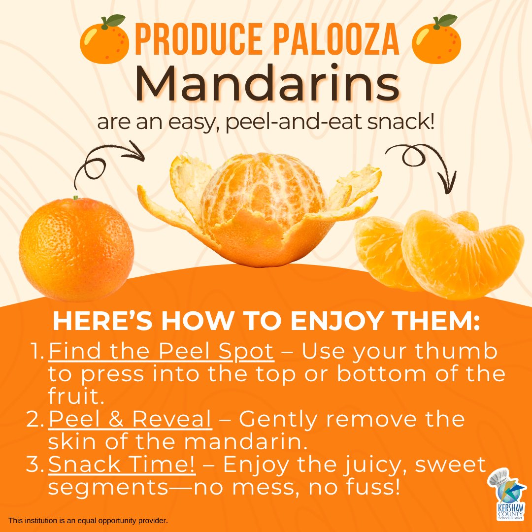 KCSDNutrition's tweet photo. Peel, pop, and power up! 🍊 Mandarins are the perfect juicy snack to brighten your day and boost your brainpower! 💡

@kcsdschools #mykcsd #KershawSC #KershawSouthCarolina #Kershaw #SCschools #KershawCounty https://t.co/xZInYdgX6P