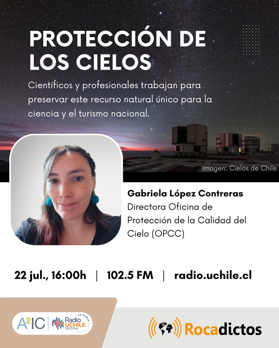 rocadictos's tweet photo. 🔴 MIÉRCOLES: Los cielos de nuestro país son un recurso natural único. En este #ROCADICTOS, Gabriela López Contreras nos explica qué está haciendo nuestro país para preservarlos. ¡Sintoniza nuestro programa!

🗓️22/07
⏰16:00h
🎙️102.5 FM
➡️https://t.co/sfUzbvKR7t https://t.co/3nuctSmsmI