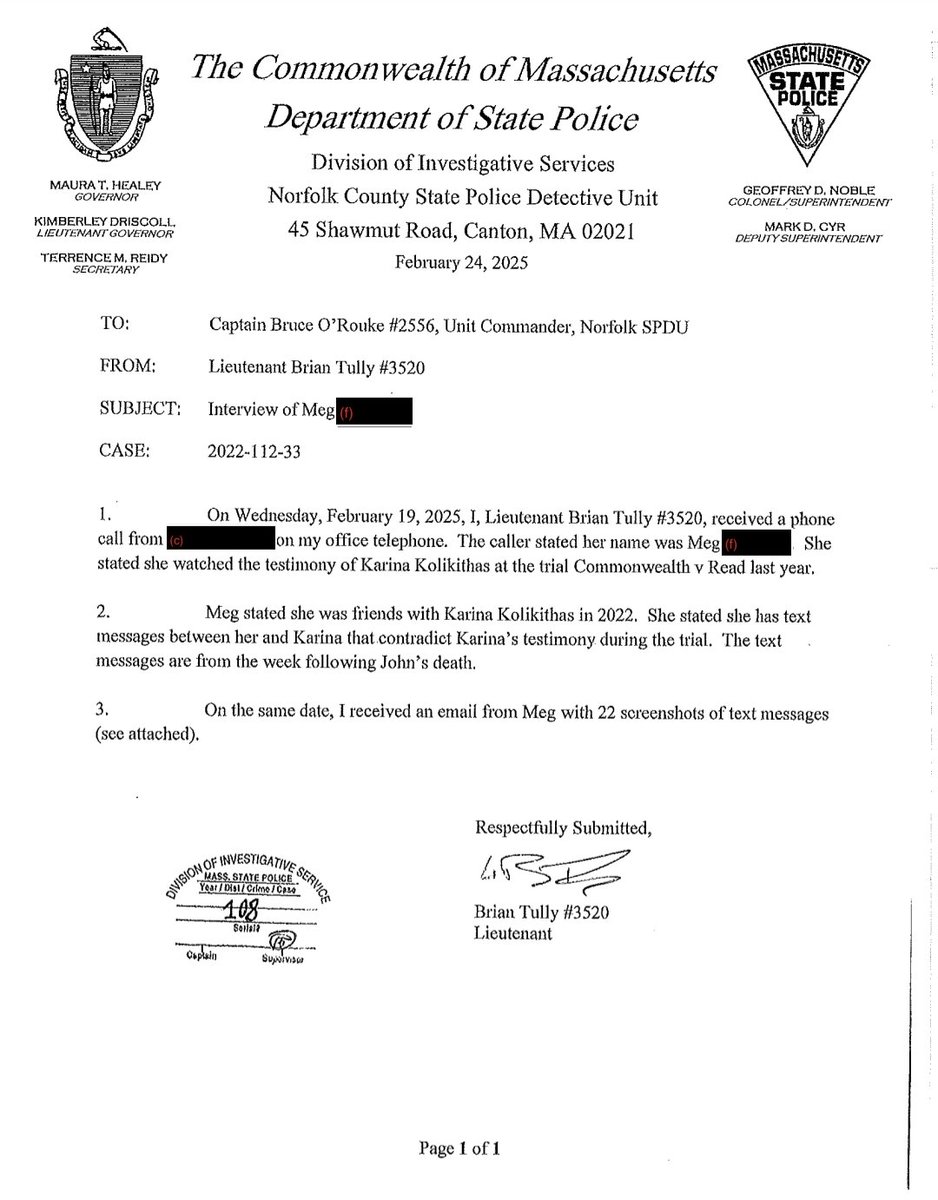 BoozeyBeauty's tweet photo. Does Meg Kennedy wish to explain why she held onto these text messages with witness Karina Kolokithas if she believed they were so significant?

Why wait until February 19, 2025 to provide Brian Tully with what appears to be a hand-selected, limited batch of screenshots?

These messages were exchanged in the immediate days following John O'Keefe's death. If they were truly important, why sit on them for more than three years?

And why did Meg Kennedy make sure she was present in the courtroom on the day Karina Kolokithas was scheduled to testify during trial 2? She appeared to look quite upset after Hank Brennan's cross examination of Karina. Brennan did not use these texts during his cross - likely aggravating Meg who appeared to have showed to court to see Karina be asked about these very messages.

Clearly Brennan, like anyone with critical thinking skills, understands that people can change their minds. In this instance, Karina was trusting of her friends after John's death (friends like Meg) and was simply trying to understand what happened to John O'Keefe. It's not like the police or fellow witnesses would have lied to her... right?

Surely Mrs. Kennedy, who is known to be close with witness Jennifer McCabe, would never engage in witness intimidation or attempt to influence testimony. Why would she? It's not as though her household has already attracted controversy over allegations involving her husband's reported texts about using non-white individuals as "target practice" with Michael Proctor...