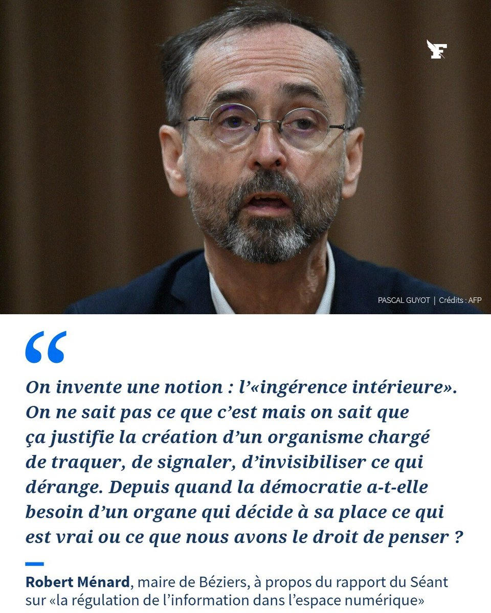 Le_Figaro's tweet photo. TRIBUNE - Alors que la Sénat vient de publier un rapport sur « la régulation de l’information dans l’espace numérique », le maire de Béziers, cofondateur de Reporters sans frontières (RSF), s’inquiète d’une dérive liberticide. https://t.co/ixttvr1AmG https://t.co/dTupZsGoWG