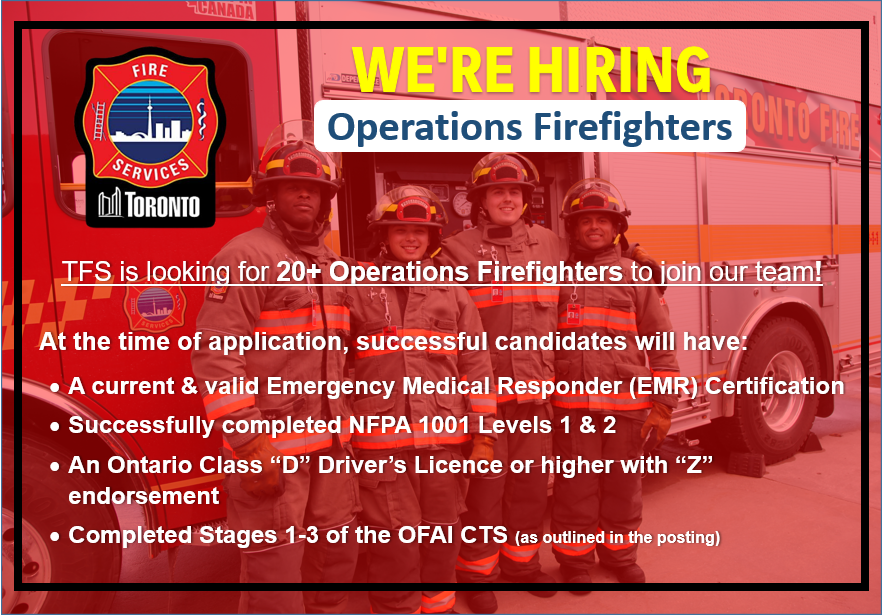 Toronto_Fire's tweet photo. We are now hiring 20+ Operations Firefighters to join our team. The current job posting is open until Monday August 17, 2026. To review the full position details, minimum qualifications and to apply visit https://t.co/tTB16ljM81. https://t.co/MnnwpqnUiX