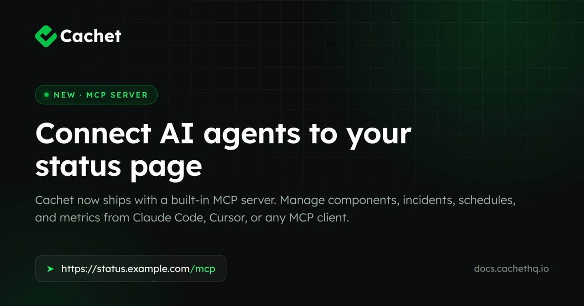 cachethq's tweet photo. Cachet now ships with a built-in MCP server 🤖 

https://t.co/1sY9lyjOpE https://t.co/Cfw5qdvD1r