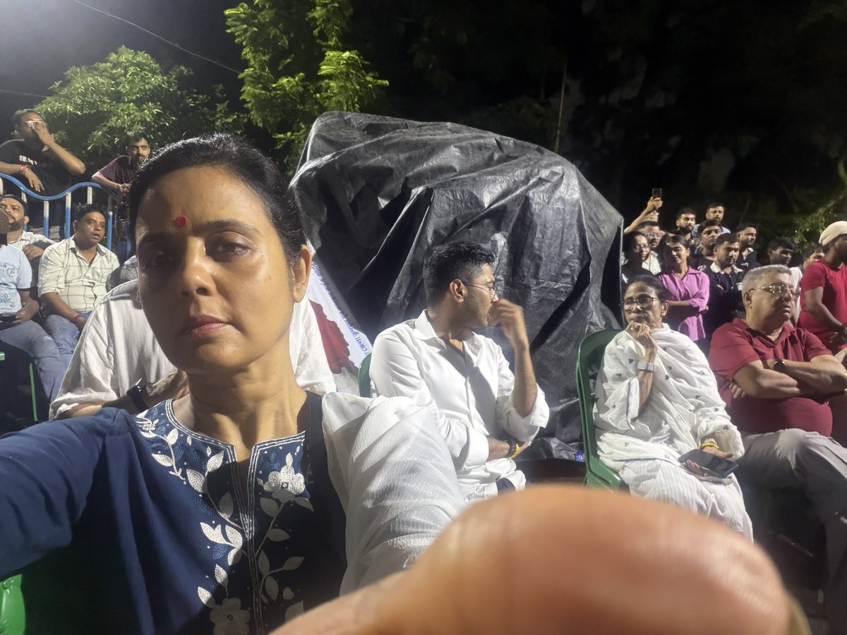 MahuaMoitra's tweet photo. It is 1 am &amp; we are all keeping a vigil on the 21st July stage after marauding BJP goons on bikes came and broken our sound system &amp; damaged the stage. Why the bhoy, big daddies? https://t.co/7efiL8vcoq