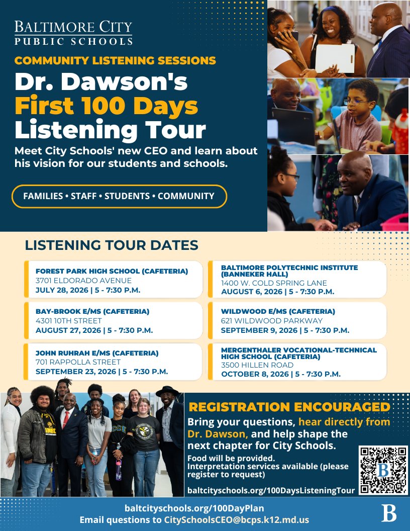 BaltCitySchools's tweet photo. Join City Schools CEO Dr. Jermaine Dawson during his First 100 Days Listening Tour. This is an opportunity for students, families, staff, and community members to ask questions, share ideas, and discuss the future of City Schools.  The first event is Tuesday, July 28 at Forest Park! Register: https://t.co/CA3clOYBBg