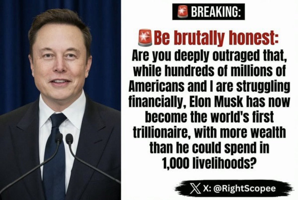 ctotesla___897's tweet photo. Are you deeply outraged that, while hundreds of millions of Americans and I are struggling financially, Elon Musk has now become the world's first trillionaire, with more wealth than he could spend in 1,000 lifetimes? 

A. YES 👍 
B. NO 👎 https://t.co/SMitDtPw4Y