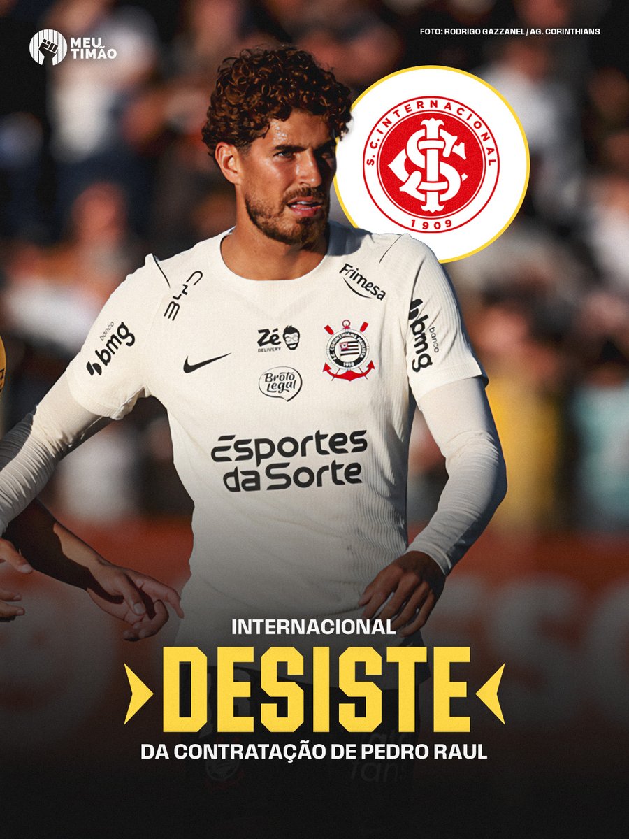 MeuTimao's tweet photo. 🚨| O Internacional desistiu da contratação do atacante Pedro Raul e não deve apresentar proposta ao Corinthians. A informação foi divulgada pela VAVEL e confirmada pelo Meu Timão.

Na última semana, Abel Braga, diretor técnico do clube gaúcho, chegou a ligar para o jogador e manifestou o desejo em contar com o atacante. Apesar disso, o interesse esfriou e o time do Sul desistiu das negociações.

Com pouca minutagem no Timão, Pedro Raul também despertou interesse de Vitória e Remo para um empréstimo, mas manifestou o desejo de seguir em uma equipe de ponta.

🔴 Apoio: @kto_brasil - Jogue com responsabilidade (+18)