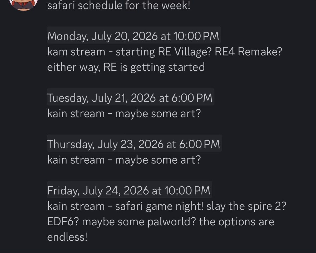 KamolotVT's tweet photo. Safari schedule for the week! Times are EDT, but should show local time in the discord. We’ll be starting another RE game tonight, but who knows which one? See you guys tonight! https://t.co/LdpIIIuCZD