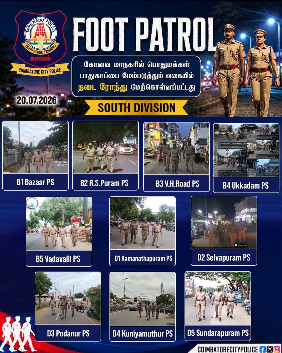 policecbecity's tweet photo. கோவை மாநகரம் முழுவதும் 20.07.2026 ஆம் தேதி பொதுமக்களின் பாதுகாப்பை மேம்படுத்தும் வகையில் Foot Patrol மேற்கொள்ளப்பட்டது. #PoliceRide #FootPatrol #coimbatore #PolicePresence #publicsecurity
@tnpoliceoffl
@CMOTamilnadu https://t.co/0S3r5unwdy