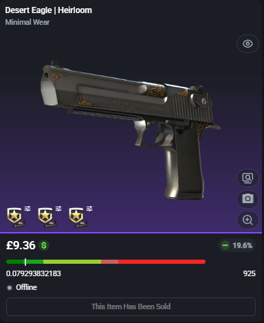 adsyyycs2's tweet photo. 🚨SKIN FLIP OF THE DAY!🚨
0.07 Desert Eagle | Heirloom (3x GMB Gold)
✅FLIPPED✅
➡️Bought for: £9.50
➡️Sold for: £14.31
After fees, that's a total profit of £4.52 (47.62%)🤑💵
Find Skins to Flip Below! 👇
#csfloat #cs2 #csgo #counterstrike #skins #trading #flipped #profit #roadto5k