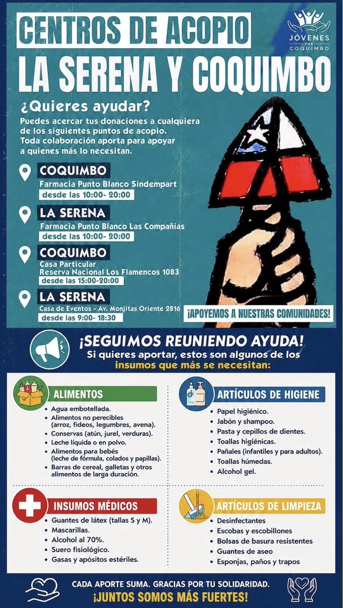 vannillart's tweet photo. centros de acopio en coquimbo y la serena, por favor difundan! #chiletwt https://t.co/PAPlqBPGTQ