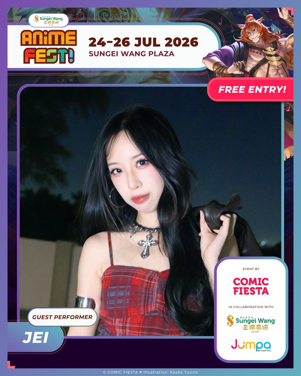 comicfiesta's tweet photo. JEI's resonating voice returns to the Anime Fest stage at Anime Fest! 2026 this 26th July - don't miss her stage performance as well as her booth appearance at J15, Level LG.

Anime Fest! 2026 is a free entry event happening at Sungei Wang and JUMPA from the 24th-26th July, see you then!