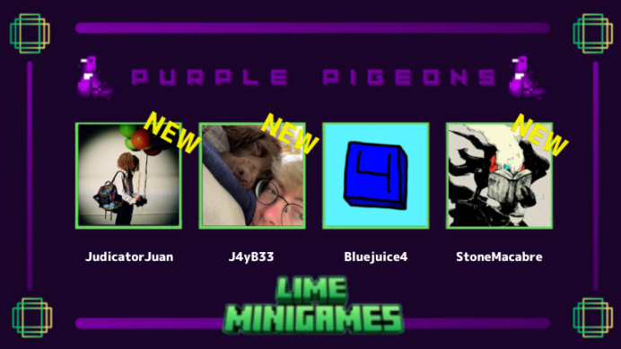 limeminigames's tweet photo. Announcing LMG 2 Purple Pigeons!

JudicatorJuan @_J4yB33 @Bluejuice4D @stonebone33 https://t.co/nXn7Jr4LTe