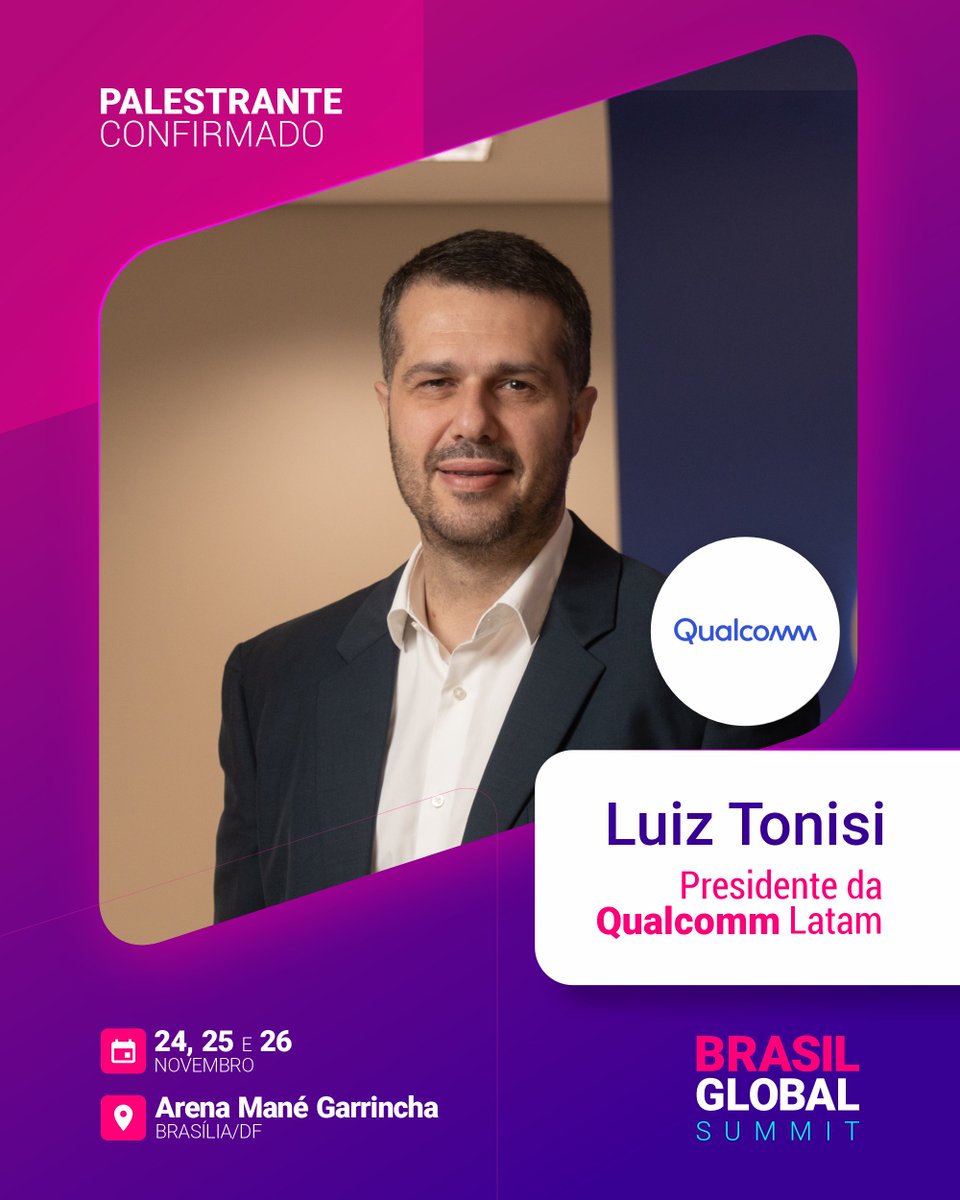 brasilglobal_'s tweet photo. A gigante Qualcomm acaba de confirmar presença no Brasil Global 2026!

Luiz Tonisi, presidente da Qualcomm para a América Latina, estará no palco do evento, trazendo sua visão sobre tecnologia, telecomunicações e transformação digital. https://t.co/6MYG1JeH3f