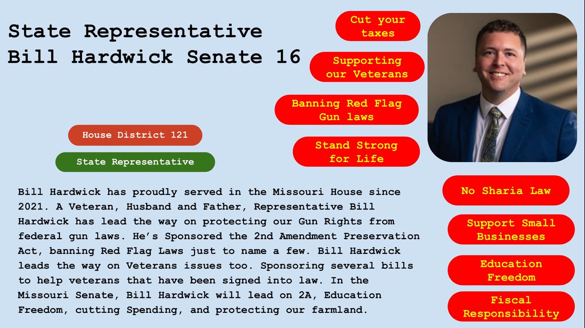 RedStateRinos's tweet photo. The second MO legislator we are proud to endorse is Bill Hardwick from Senate District 16. Bill has an outstanding record of hard work and conservative legislation. https://t.co/erp9Db6URO