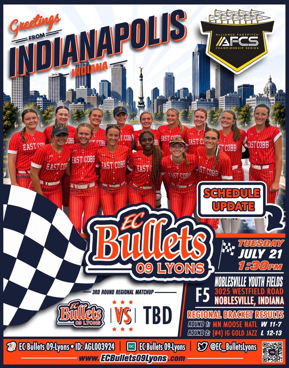 Clyons37's tweet photo. The bats were on 🔥 in both games today to kick off the AFCS in Indy! Scored 23 runs‼️ Won game 1 but fell short in game two 12-13 against Impact Gold Jazz. Here’s the schedule for tomorrow: @EastCobbBullets @EC_BulletsLyons @LineDsoftball @ExtraInningSB @SoftballDown @los_stuff @PrepSoftball