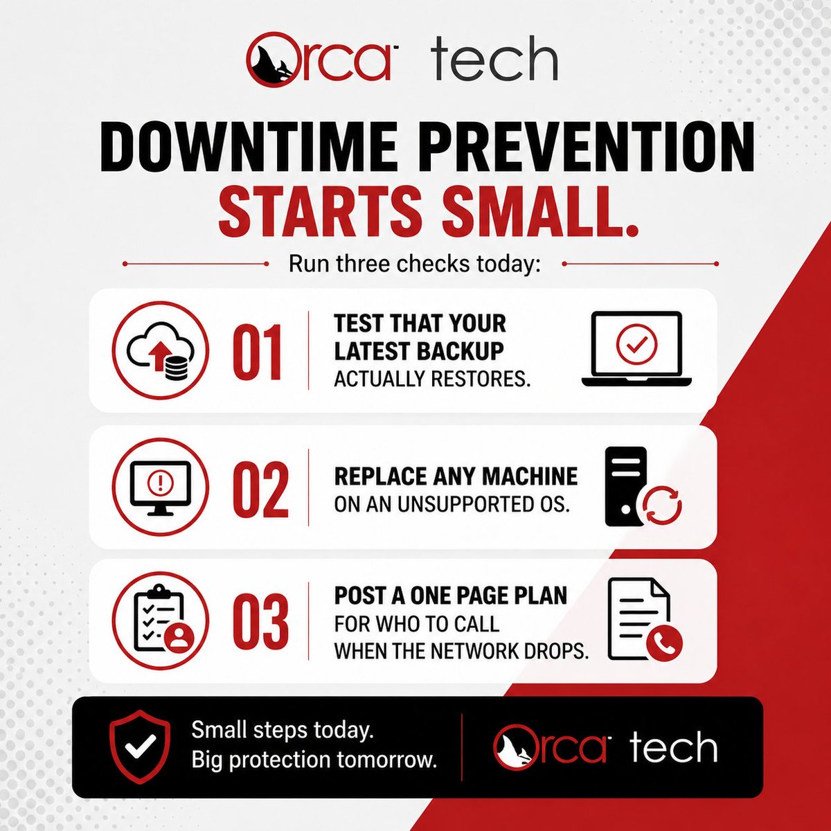 orcait's tweet photo. Downtime prevention starts small. Run three checks today: test that your latest backup actually restores, replace any machine on an unsupported OS, and post a one page plan for who to call when the network drops.
#SmallBusiness #ITTips https://t.co/4ppiGfAgef