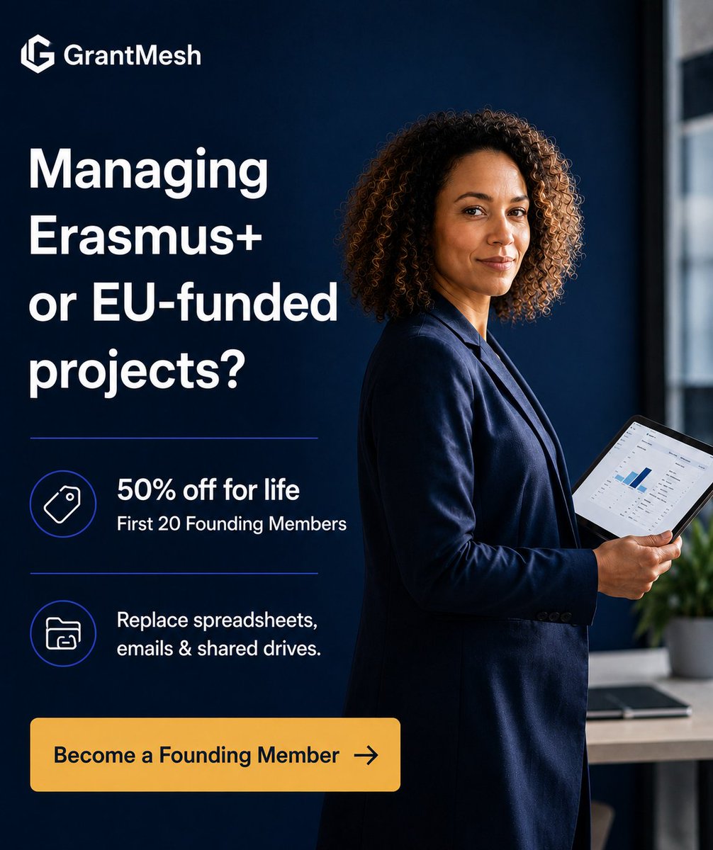 GrantMesh's tweet photo. Still managing Erasmus+ or EU-funded projects with spreadsheets, emails and shared drives?
There's a better way.

🚀 Only 20 Founding Member spots available.
⏳ Lock in 50% off for life.

Become a Founding Member: https://t.co/rrCJfIbFuL

#GrantMesh #ErasmusPlus https://t.co/8LUz6TvaFv