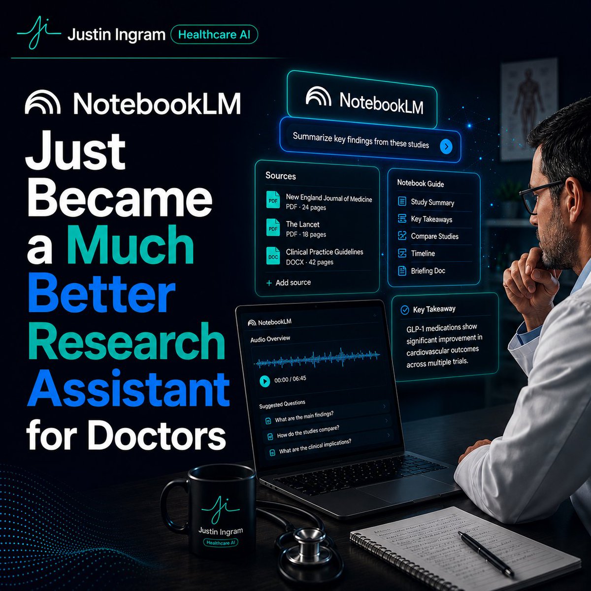 JustinHealthAI's tweet photo. Most doctors using NotebookLM still treat it as a basic PDF summarizer.

That's now the least interesting thing it can do.

Google upgraded NotebookLM with agentic research capabilities. It can now investigate a topic, organize sources, compare findings, and build materials from what it collects, not just answer questions about uploaded files.

A practical workflow for healthcare pros:

One notebook, one specific question
Skip the "Medical Research" dump. Use a focused title like "2026 Prior Authorization Requirements." Narrow notebooks give sharper answers.
Add trusted sources
Upload guidelines, research, policies, or spreadsheets. NotebookLM grounds answers in your sources, but always verify important claims against the original.
Give it a real research goal
Try: "Review these sources and identify where they agree, disagree, or leave questions unanswered. Cite the source for every conclusion and separate established findings from uncertainty."
This beats asking for a plain summary.
Turn research into more than notes
Ask it to build a staff briefing, patient education outline, study guide, quiz, or Audio/Video Overview, all from the same sources.
The hidden trick
Set a custom goal first. Try: "Act as a research assistant for a medical practice. Prioritize accuracy, conflicting evidence, and questions a clinician should review. Do not turn preliminary findings into clinical recommendations." That one instruction changes every answer after it.
What not to do
Don't treat a summary as a substitute for reading the source. Don't upload PHI unless your organization has confirmed the product and workflow meet its requirements.
Try this today
Add 3 nonconfidential papers on one topic to a notebook and ask: "What would a busy healthcare executive misunderstand if they only read the abstracts?" That question surfaces what a basic summary misses.
At Justin Healthcare AI, I help practices turn tools like NotebookLM into repeatable workflows, not another app people open once and forget.
#NotebookLM #HealthcareAI #MedicalResearch #MedicalPractice #ArtificialIntelligence #HealthcareInnovation #PhysicianEducation #MedicalTechnology #AIForHealthcare #JustinHealthcareAI