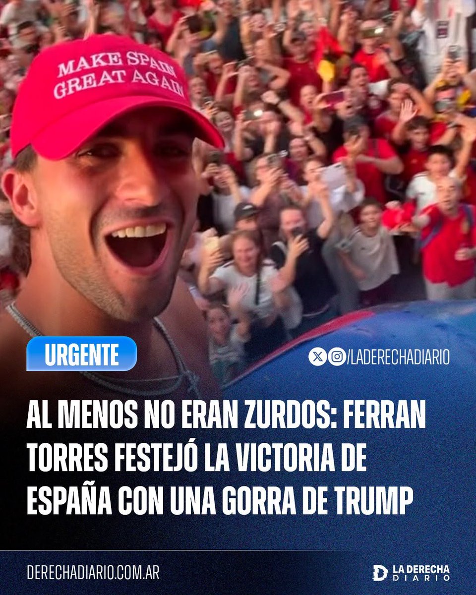 laderechadiario's tweet photo. 🚨🇪🇸 | AL MENOS NO ERAN ZURDOS: En medio de los festejos por el Mundial ganado por España, Ferran Torres se mostró con una gorra de Trump con la inscripción "MAKE SPAIN GREAT AGAIN". https://t.co/lDyDlgcErv