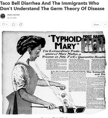 JMF1958's tweet photo. New Substack: “Taco Bell Diarrhea” is making Americans sick all over.  Part of the cause is immigrants who have, in many cases, never heard of germs. Link in reply. https://t.co/o7YxsqpNXJ