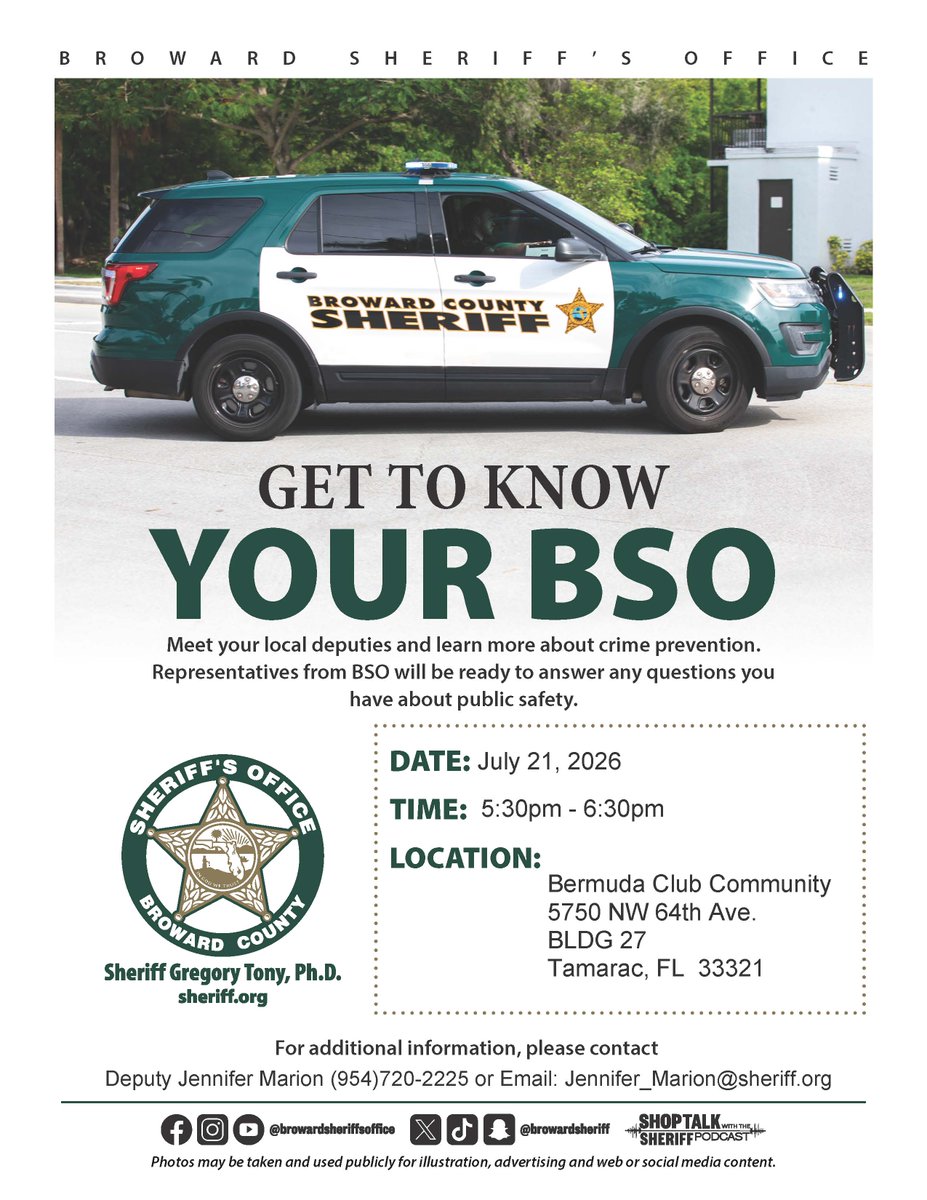 CityofTamarac's tweet photo. Get to know your local BSO deputies and learn more about crime prevention and public safety at Get to Know Your BSO on Tuesday, July 21, from 5:30–6:30 p.m. at Bermuda Club Community, Building 27, 5750 NW 64th Ave. 
We hope to see you there! 🚔 #Tamarac #BSO #PublicSafety https://t.co/FzW14L9rtM