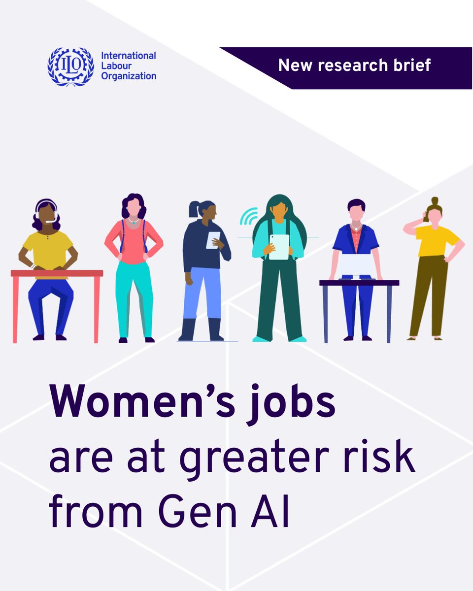 ilo's tweet photo. Generative #AI is reshaping the world of work, with the potential to boost productivity, support job creation and improve job quality, but its impacts are far from gender-neutral.

📖 @ilo Brief explains: https://t.co/JUvnE2k3mS https://t.co/DNrSfC9vgE