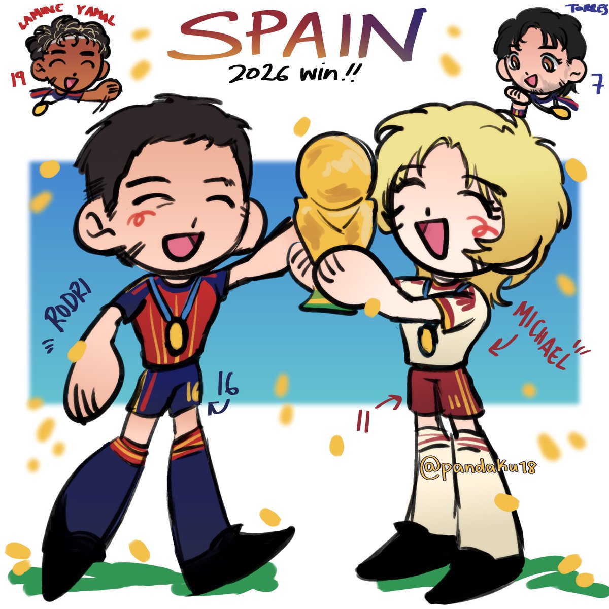 pandaku18's tweet photo. Winners of the 2026 World Cup 🇪🇸🎉🎉🎉!!!!
(ft. Chibi Michael, Rodri, Torres, &amp; Lamine)
I’ll post a bigger drawing soon!!!
.
.
.
#CaptainTsubasa #Michael #Rodri #FerranTorres #LamineYamal #WorldCup2026 https://t.co/zDMT7nSwDE