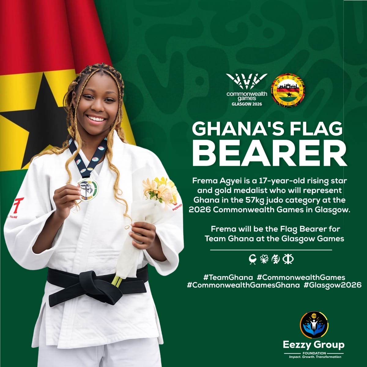 SportyFM_'s tweet photo. 3️⃣ Days to the 2026 Glasgow Commonwealth Games 

 Judoka Frema Adjei is Team Ghana’s Flag Bearer at the Glasgow 2026 Commonwealth Games. 

She will carry Ghana’s Flag during the opening and closing ceremonies.

#SportyFM https://t.co/f2FNunk3cb