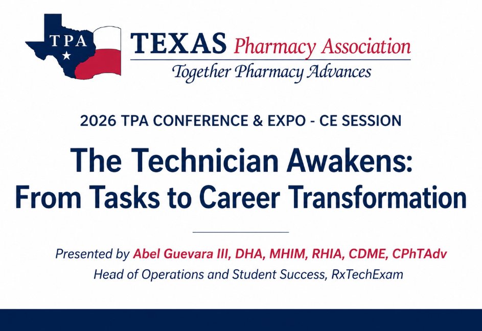 RxTechExam's tweet photo. This week, we're especially excited that our own DR. ABEL GUEVARA III, CPhT-Adv will be presenting "The Technician Awakens: From Tasks to Career Transformation" at the Texas Pharmacy Association Annual Conference.

Learn more about the session: https://t.co/uH4ConNSvO https://t.co/OmxmjBBEss