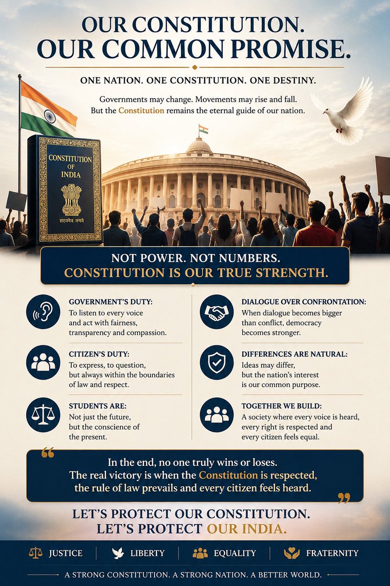 Seemant08's tweet photo. Tag @abhijeet_dipke @CJP_for_India 

प��रिय @narendramodi, @SrBachchan, @BeerBicepsGuy, @RajShamani, @SadhguruJV @bageshwardham देश की सभी प्रभावशाली आवाज़ों—

जब देश का युवा अपनी शिक्षा और भविष्य को लेकर सड़क पर हो, तब आपकी आवाज़ केवल प्रभाव नहीं, बल्कि जिम्मेदारी भी होती है।

युवाओं की बात सुनना किसी पक्ष का समर्थन नहीं, बल्कि लोकतंत्र और संविधान का सम्मान है।

इतिहास केवल बोलने वालों को नहीं, मौन रहने वालों को भी याद रखता है।

🇮🇳 संविधान सबसे ऊपर। युवा सबसे बड़ी शक्ति। संवाद सबसे बड़ा समाधान।

#Students #Constitution #Democracy #IndiaFirst