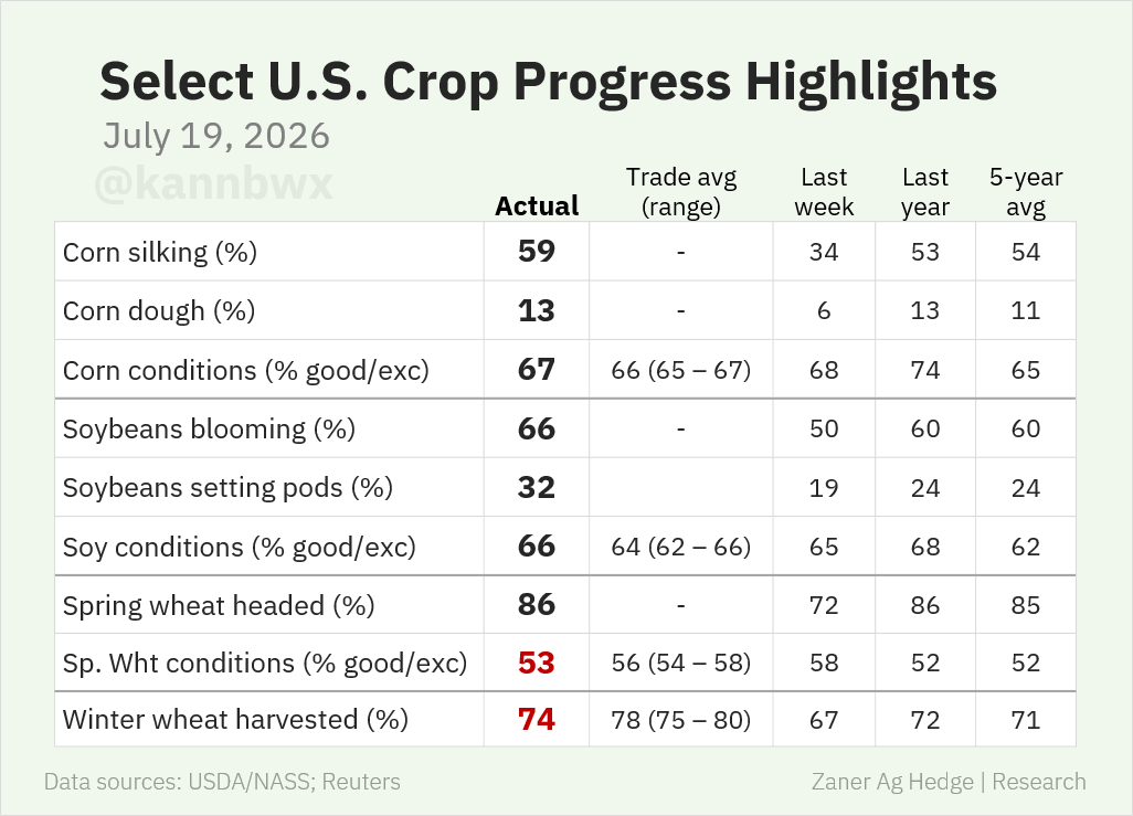 kannbwx's tweet photo. 🌽 A large portion of the U.S. corn crop moved through pollination during last week's heat wave, though ratings fell only 1 pt versus the expected 2-pt decline.

Soybean conditions rose 1 pt against an expected 1-pt decline, but spring wheat ratings landed below all estimates. https://t.co/TxOkKF0zNI