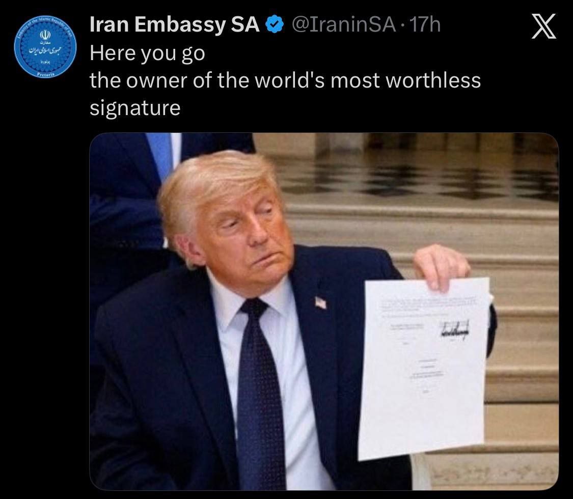 moretti_f2's tweet photo. La embajada de Irán en Arabia Saudita se burla de la firma sin valor de Trump.
#iranwar #iran #iranvsusa #iranvsisrael https://t.co/HH8fpqyD47