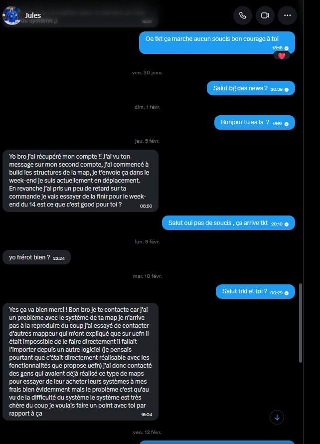 redlike80's tweet photo. Mappeur , client map fortnite Concernant
@JuchioFN
Map Fortnite jamais fournie, plus de 5 mois d'attente, plusieurs relances et tentatives de trouver une solution, mais plus aucune réponse + blocage .  Ce n'est pas les 150 € qui me dérangent , c'est surtout le manque de respect. https://t.co/jwcdEr5VOD