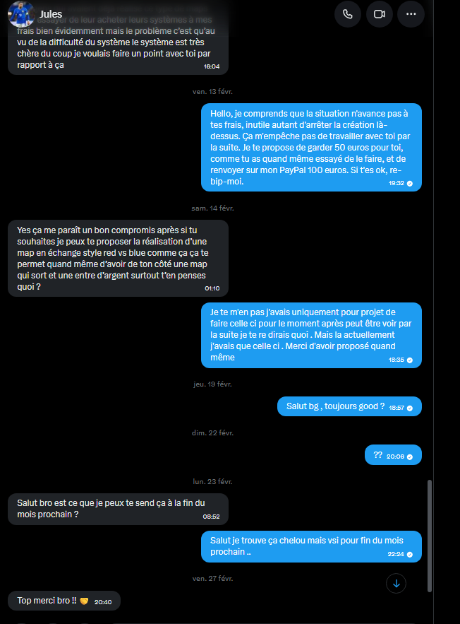 redlike80's tweet photo. Mappeur , client map fortnite Concernant
@JuchioFN
Map Fortnite jamais fournie, plus de 5 mois d'attente, plusieurs relances et tentatives de trouver une solution, mais plus aucune réponse + blocage .  Ce n'est pas les 150 € qui me dérangent , c'est surtout le manque de respect. https://t.co/jwcdEr5VOD