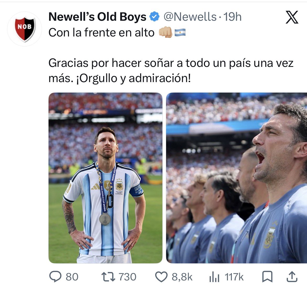 malcorragool's tweet photo. @DiarioOle Y de este posteo del club newells old boys nadie dice nada? O solo molestan las publicaciones de central? En lugar de poner a toda la selección ponen solo a Messi y scaloni. Y a mí particularmente no me parece mal https://t.co/HSqmPbNrrJ