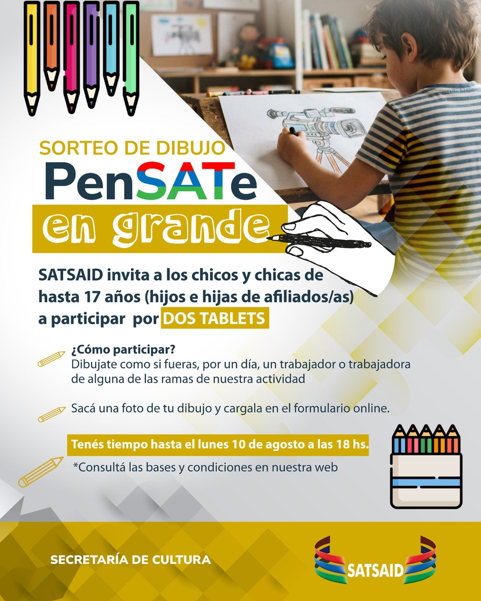 SATSAIDnacional's tweet photo. 🇬🇲✏️ SORTEO DE DIBUJO "PENSATE EN GRANDE"

😀 Invitamos a los más chicos a dibujarse a sí mismos como si fueran trabajadores de algunas de las ramas de nuestra actividad. 

🎨 ¡Esperamos tu dibujo!

ℹ️ Enterate cómo participar acá 👇
https://t.co/JCCZvQ4PZi https://t.co/f0Zz7vev41