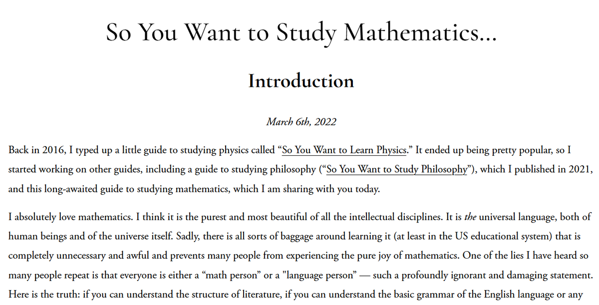 RuiCarrilho5's tweet photo. found an absolutely beautiful guide, by Susan Rigetti, on how one can get started with studying math.

the recommended books are great! i have some issues with the order (discrete maths might be a better start than calculus), but if you're looking for a roadmap, here it is! https://t.co/c9AdJBLLil