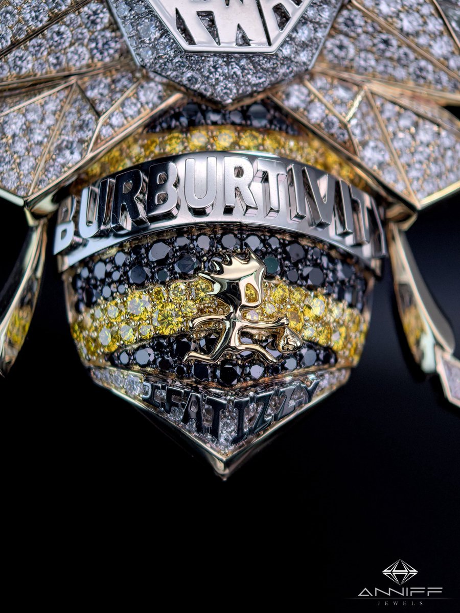 TokiAnifowose's tweet photo. Custom BumbleBee pendant in 10K solid gold featuring 5.53ct VS1 natural round diamonds, 5.24ct VS1 natural baguettes, 1.30ct VS1 natural triangle cuts, 1.25ct VS1 natural yellow diamonds, 1.15ct natural black diamonds, black onyx eyes, with a 22” VS1 natural 15-pointer tennis for @mavoswago  🐝💎