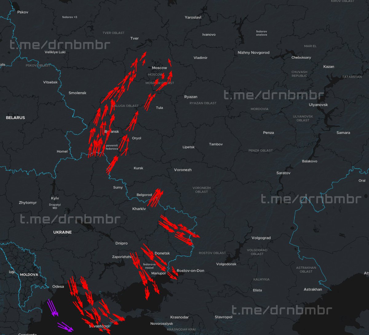 DrnBmbr's tweet photo. 🇺🇦23:18 | 20/07

Approximate flight routes of our UAVs:

🔴 Red arrows — directions of strike UAV movement;

🟣 Purple arrows — directions of USV movement;

According to Russian sources, around 350 drones were reported, though these estimates and the displayed routes remain highly approximate.